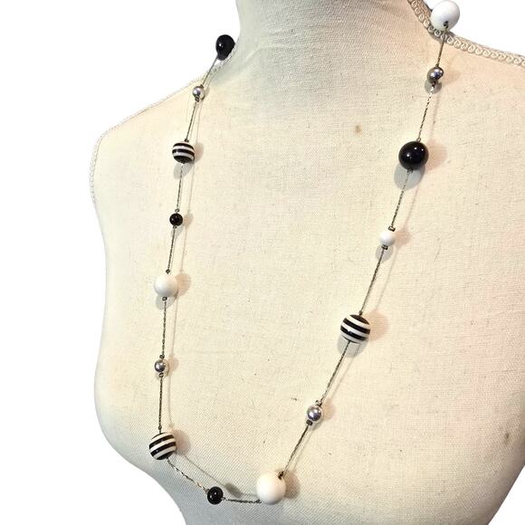 Necklace Vintage Long Beaded Striped Ball Silver Tone Retro Jewelry 26" SKU2135 - Picture 3 of 5